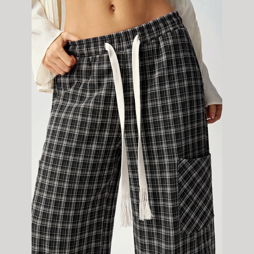 Black Plaid Tassel Drawstring Wide Leg Cropped Jogger Pants